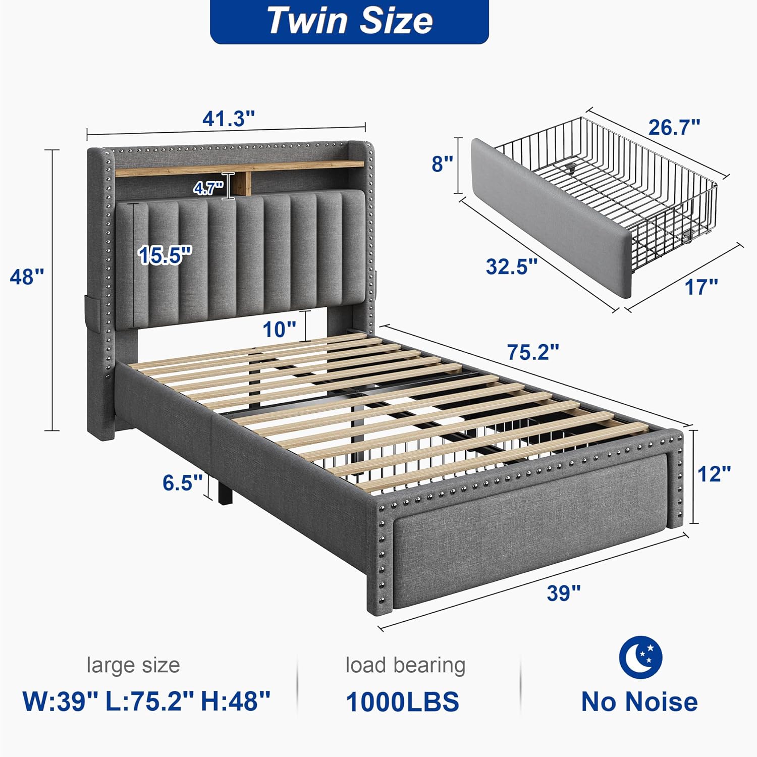 Raybee Luxury Bed Frame with 2 Storage Drawers & 2 Tiers of Shelves, No Mattress, Platform Upholstered Bed Frame for Full, Queen, King with Wood Slats, Holds 900LBS, Noise Free,No Box Spring Needed, Gray, Beige