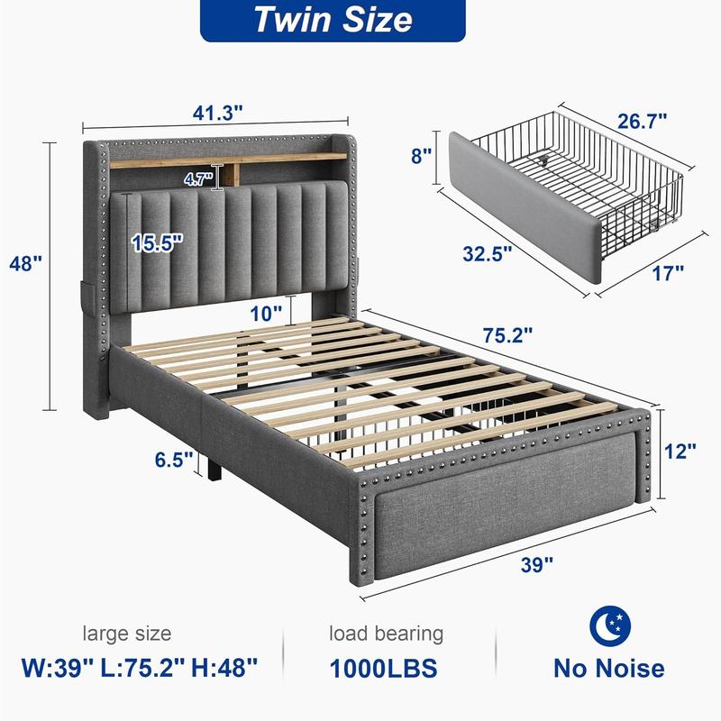 Raybee Luxury Bed Frame with 2 Storage Drawers & 2 Tiers of Shelves, No Mattress, Platform Upholstered Bed Frame for Full, Queen, King with Wood Slats, Holds 900LBS, Noise Free,No Box Spring Needed, Gray, Beige Raybee Luxury Bed Frame with 2 Storage Drawers & 2 Tiers of Shelves, No Mattress, Platform Upholstered Bed Frame for Full, Queen, King with Wood Slats, Holds 900LBS, Noise Free,No Box Spring Needed, Gray, Beige