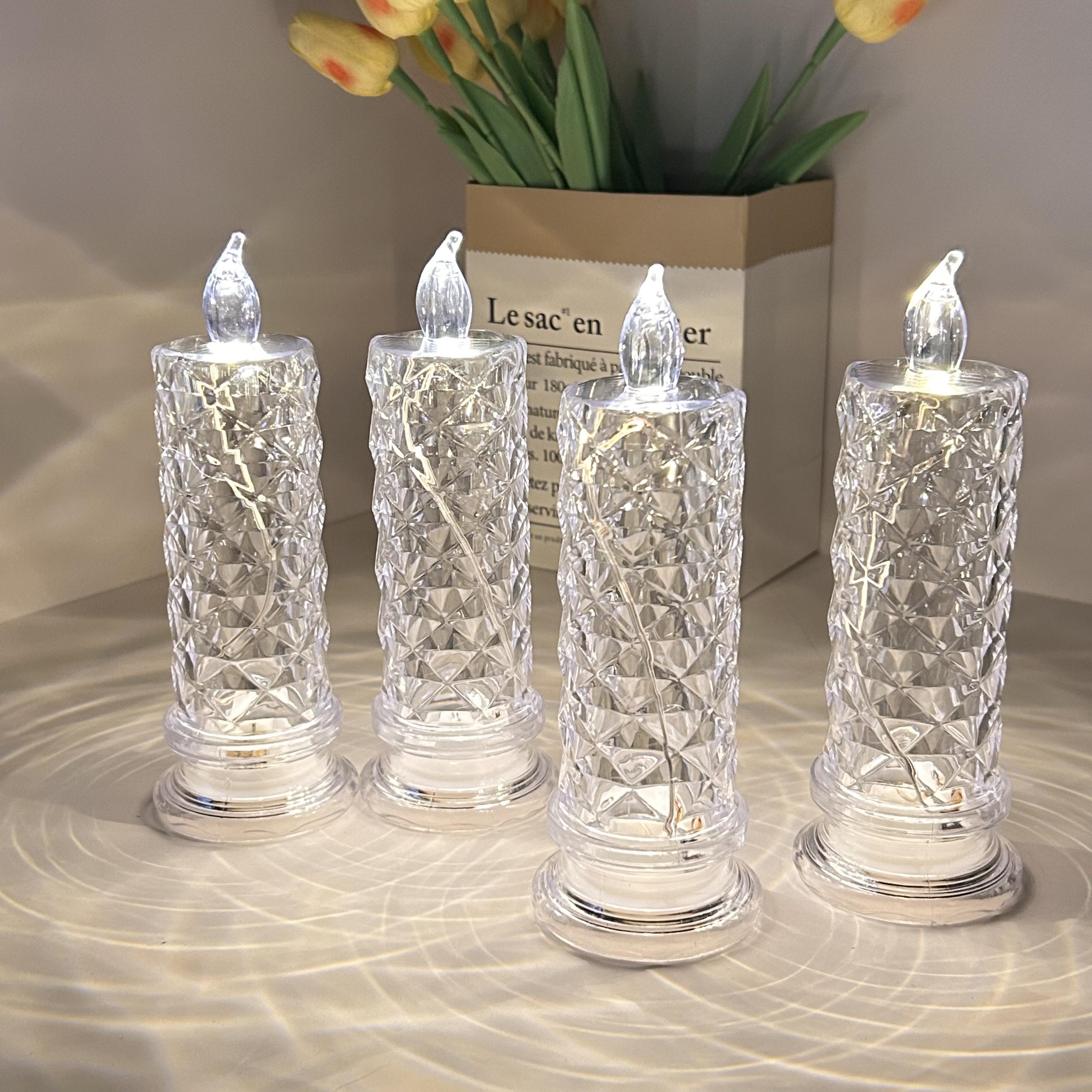 4-Pack Crystal Flameless LED Candles with Realistic Flame - Diamond-Look Ambient Glow Home Decor, Table Centerpiece Ideas, Festive Holiday (Christmas, Halloween) Santa Ornament, Indoor Outdoor Aesthetic Gift Set
