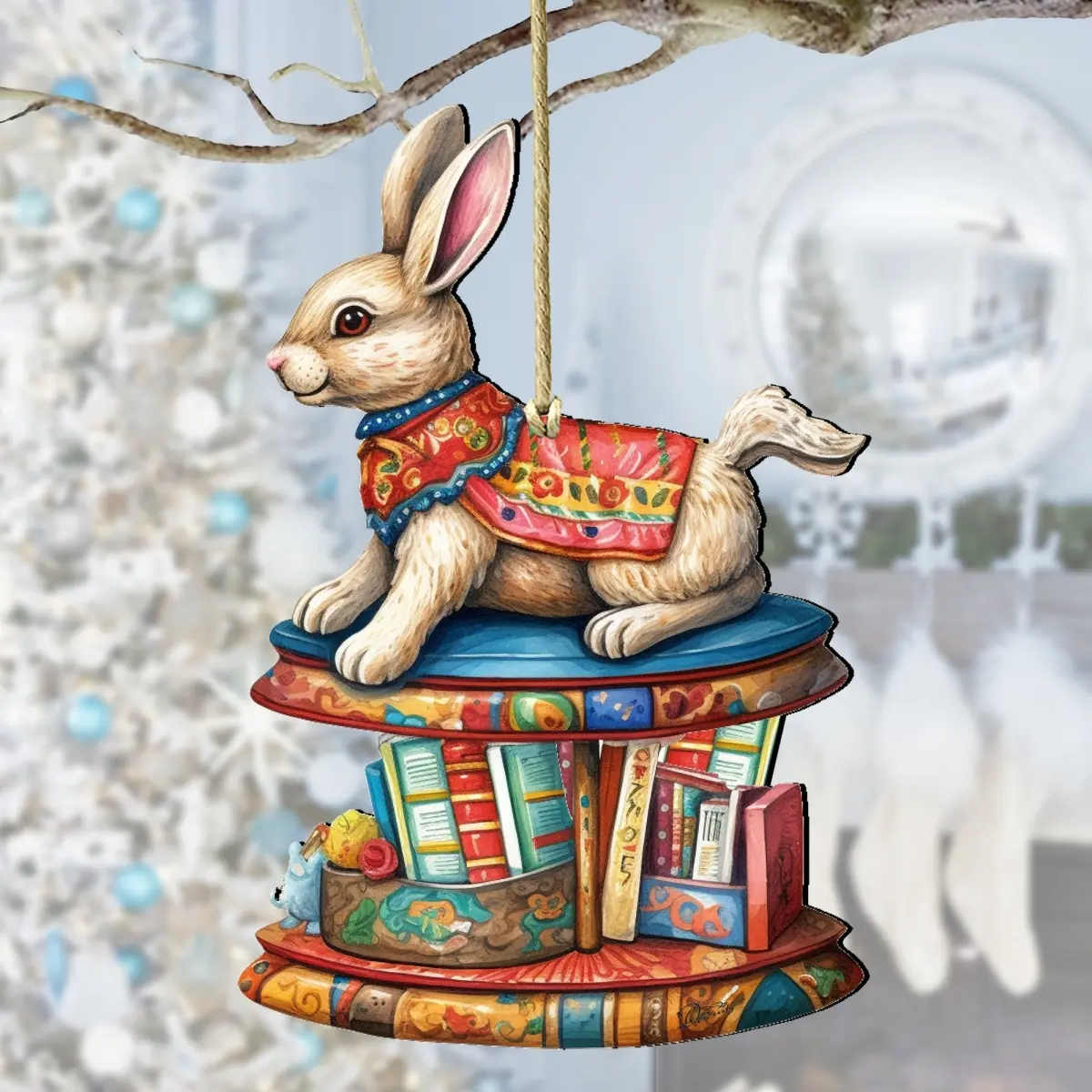 Designocracy 8100195-2 Handcrafted Decorative Nostalgic Christmas Artistic Bunny Wooden Ornament with Books, 5x5.5x0.25 in, UV Protected Festive Home Gift Decoration, Book Stack