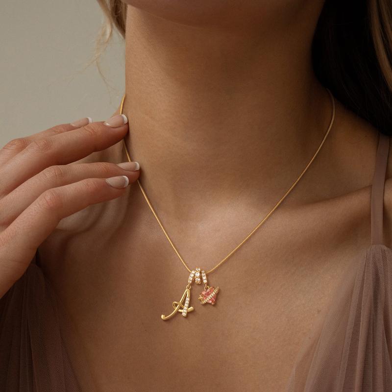 Tewiky 14K Gold Plated 3-Layering Initial A-Z Letter Pendant Necklaces for Women Snake Chain Choker Pink Heart Zircon Adjustable Length Necklace Jewelry For Valentine's Day gifts