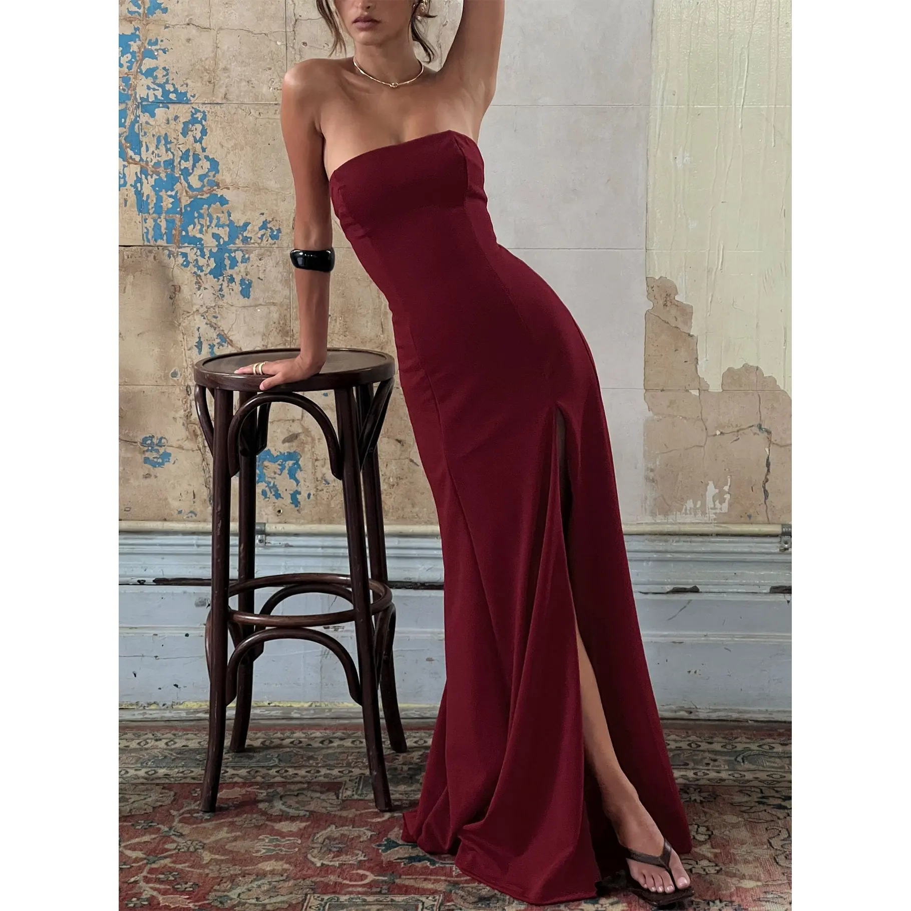 burgundy maxi dress with slit Burgundy Sequin Lace-Up Back Long Prom Dress with Slit Burgundy / 2 main image 0
