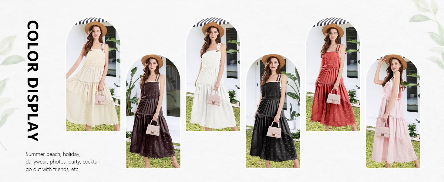 Ebossy Women's Basic Minimalist Sleeveless Laced Embroidered Tulle Bib Dress Casual Loose Adjustable Straps Maxi Dress Womenswear Boho Style Ebossy Women's Basic Minimalist Sleeveless Laced Embroidered Tulle Bib Dress Casual Loose Adjustable Straps Maxi Dress Womenswear Boho Style