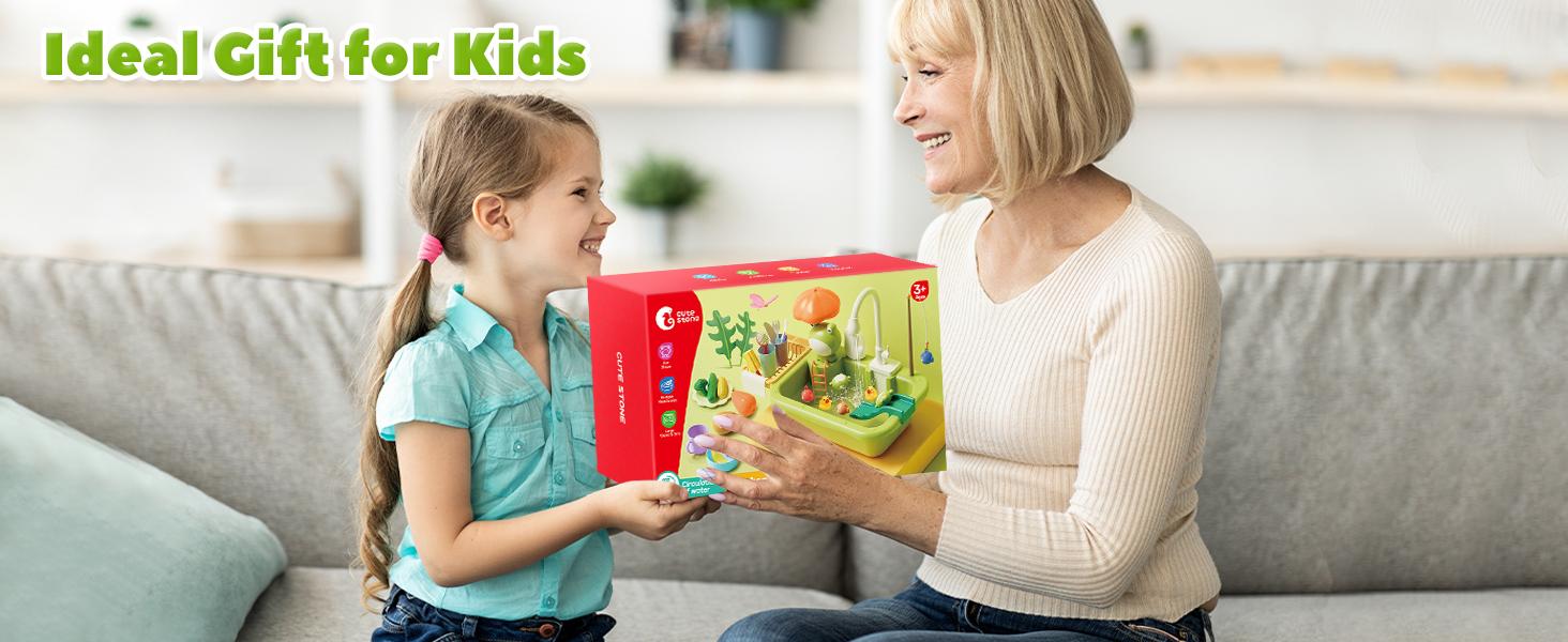 CUTE STONE Play Sink with Running Water, Pretend Play Kitchen Sink with Upgraded Electric Faucet, Realistic play set learning cookingset Plastic Toy Outdoorfun Fun Cleaning Playset