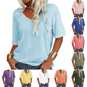 LAICIGO Womens Summer Simple Style Fashion V-Neck Half Sleeves Oversized T Shirt Solid Casual Loose Basic Tops