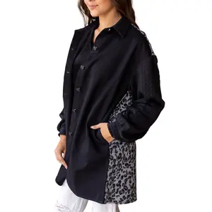 Women's Feline Flair Black Button-Up Jacket Coat Long Sleeve