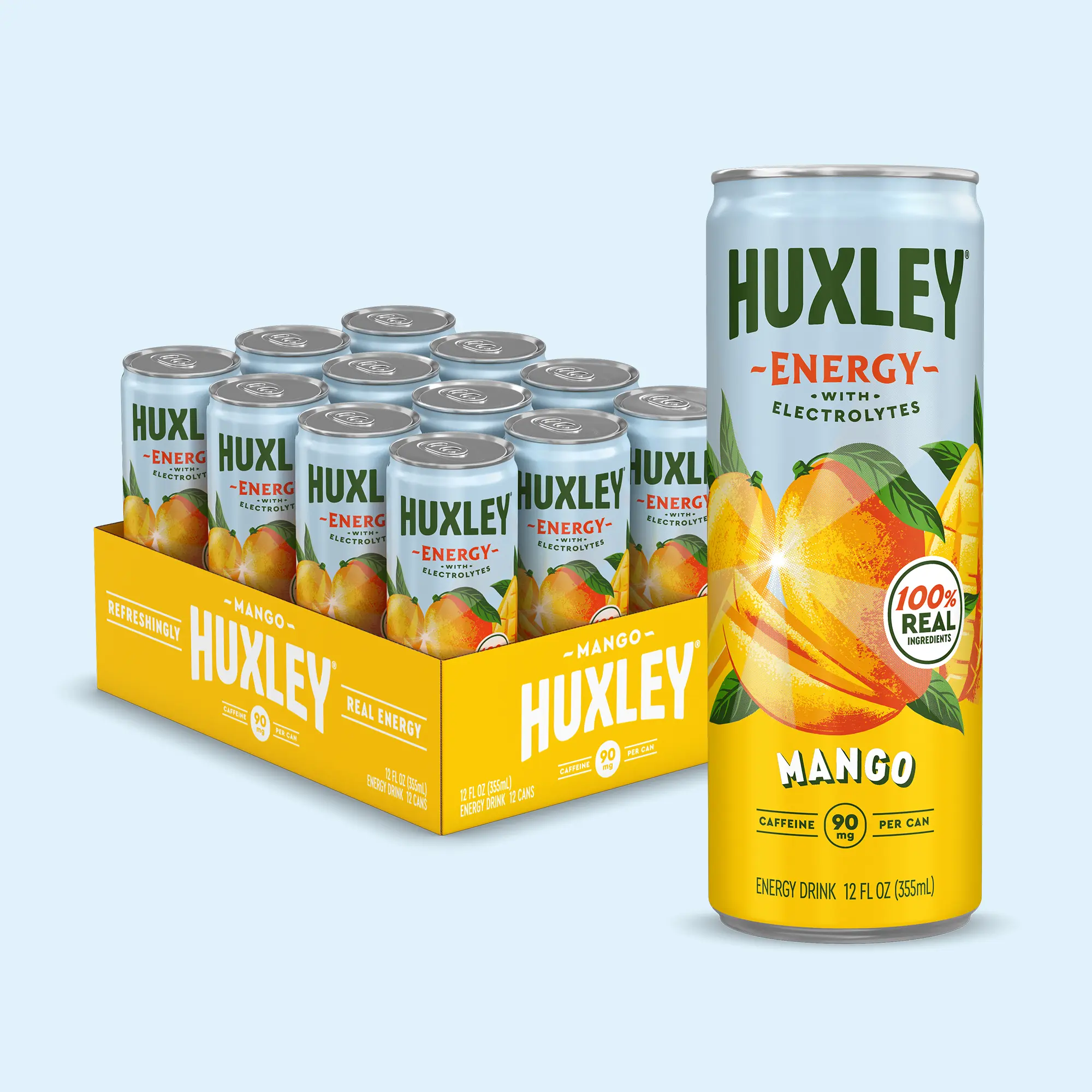 Huxley Mango Natural Energy Drink Beverage - 90mg Natural Caffeine, Real Fruit Juice, Low Sugar, Electrolytes, No Artificial Ingredients -12 Pack