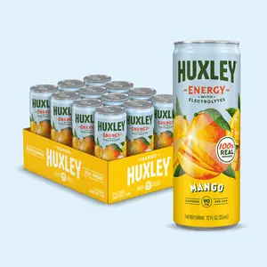 Huxley Mango Natural Energy Drink Beverage - 90mg Natural Caffeine, Real Fruit Juice, Low Sugar, Electrolytes, No Artificial Ingredients -12 Pack