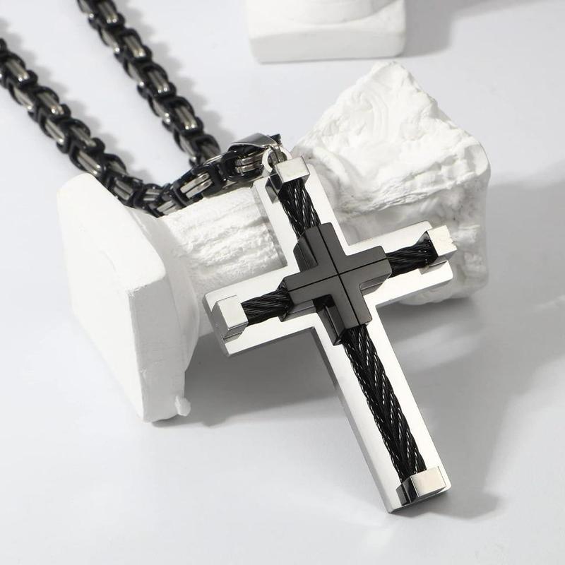 MILACOLATO Stainless Steel Large Cross Chain Silver/Gold/Black Cross Pendant Byzantine Chain Necklace Cross Necklace for Men ,24" Daily