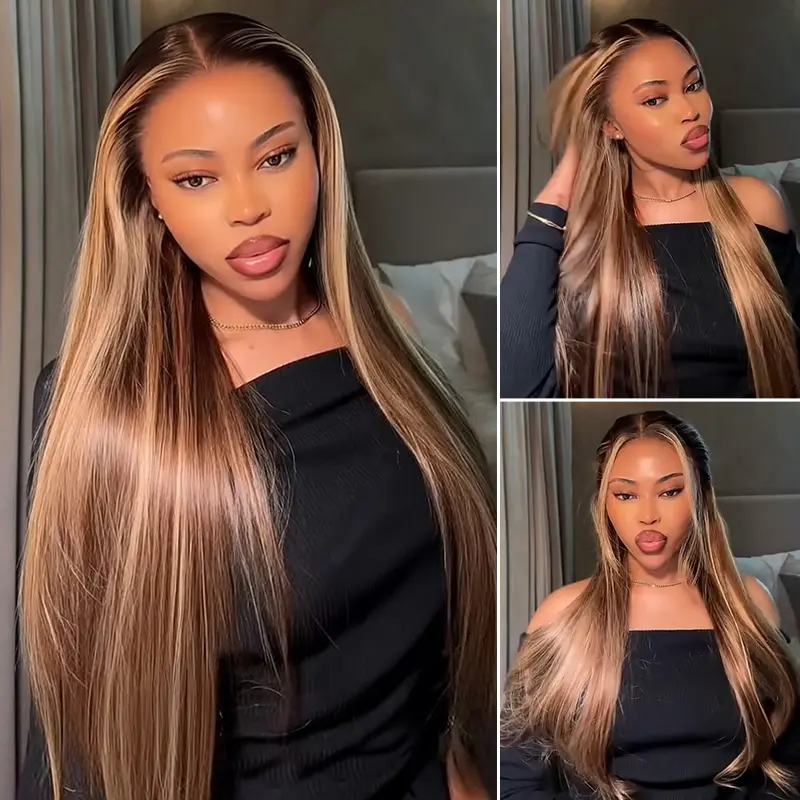 Arabella Hair 4/27# Highlight Honey Blonde 13x6 Ear to Ear Glueless Lace Front Wig 3-Step No Glue Installation 100% Human Hair Silky Straight