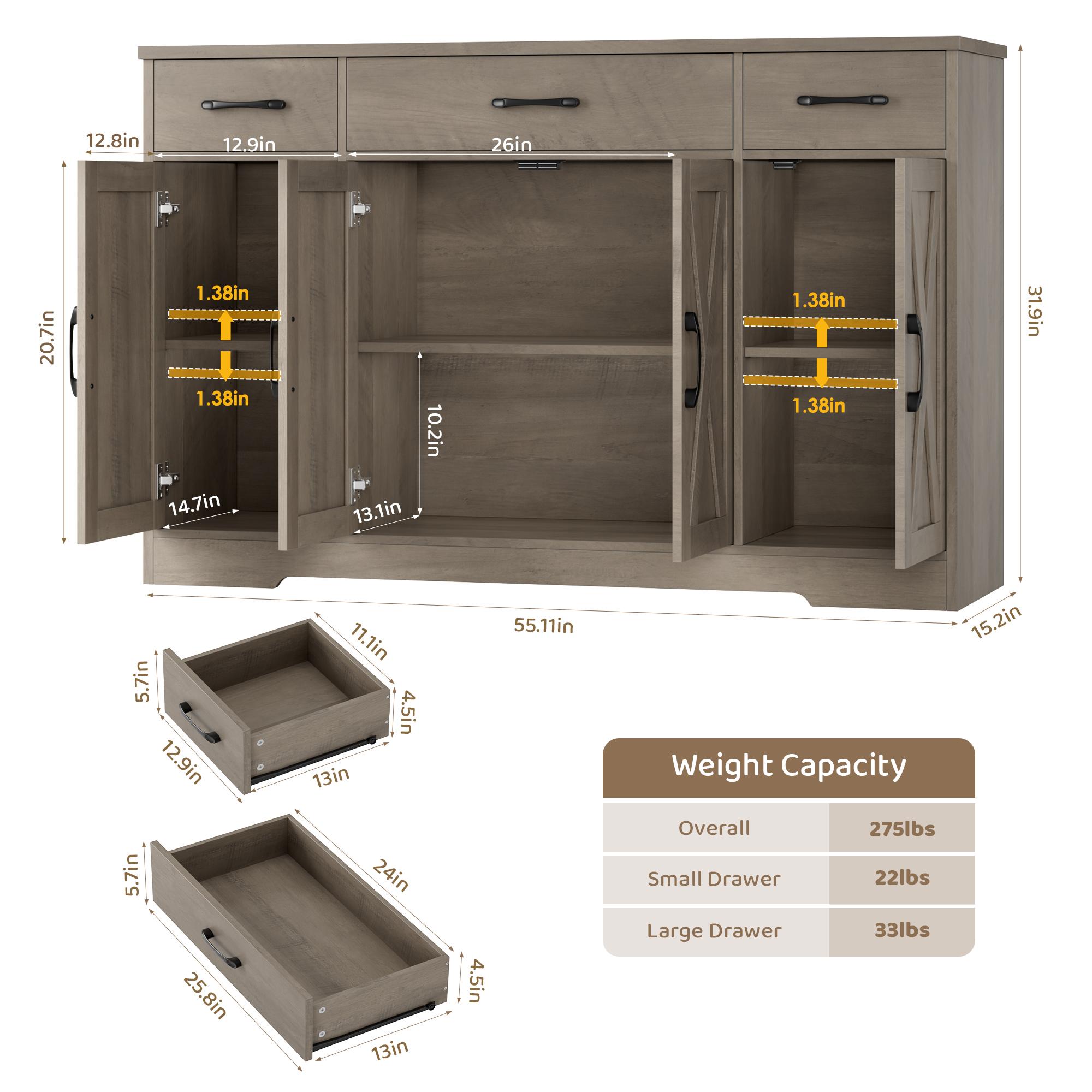 HOSTACK Modern Farmhouse Buffet Cabinet with Drawers 55" Large Sideboard Storage with Shelves Doors for Kitchen Dining Room HOSTACK Modern Farmhouse Buffet Cabinet with Drawers 55" Large Sideboard Storage with Shelves Doors for Kitchen Dining Room