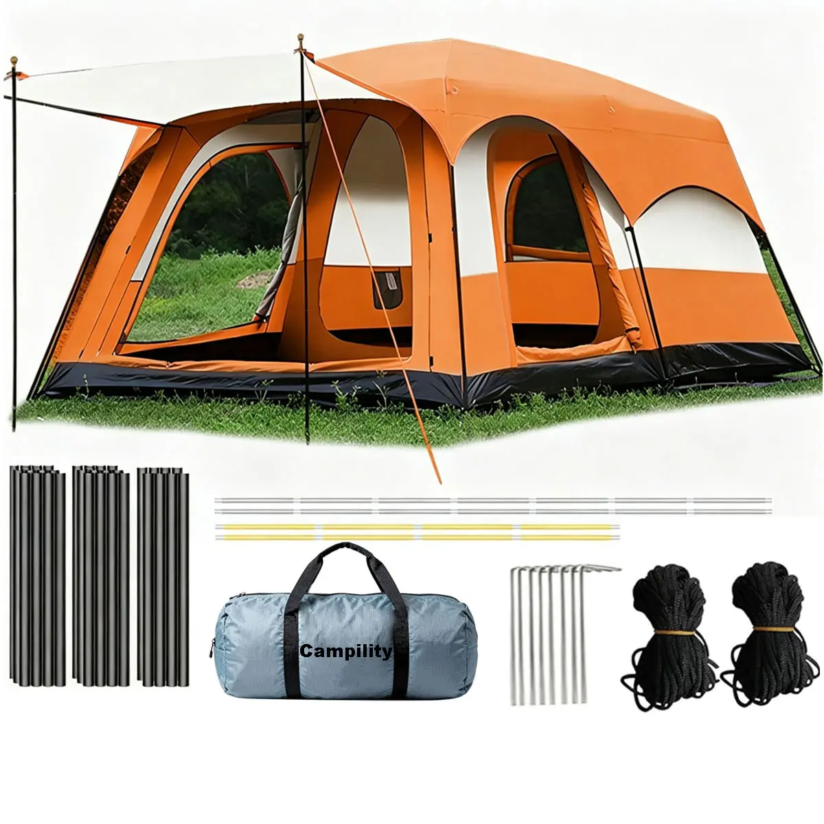 【Family Camping Tent】10-12 Person Extra Large Waterproof Easy Setup Oxford Straight Wall 2 Rooms Mesh Windows 3 Doors for Summer Camping Hiking Glamping Friends & Family Gatherings Camping Essentials National Park Week Labor Day Gift