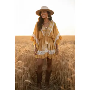 Kaftan Embroidered Dye Effect Dress with Lace