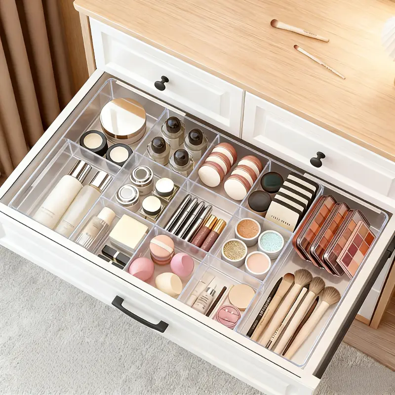 Expandable Drawer Organizer,Customizable Makeup Vanity Organizing Storage Tray for Bathroom, Bedroom & Desk Drawers - Clear Plastic Cosmetics Multifunctional Organizers with adjustable kitchen Compartment transparent space-saving solution