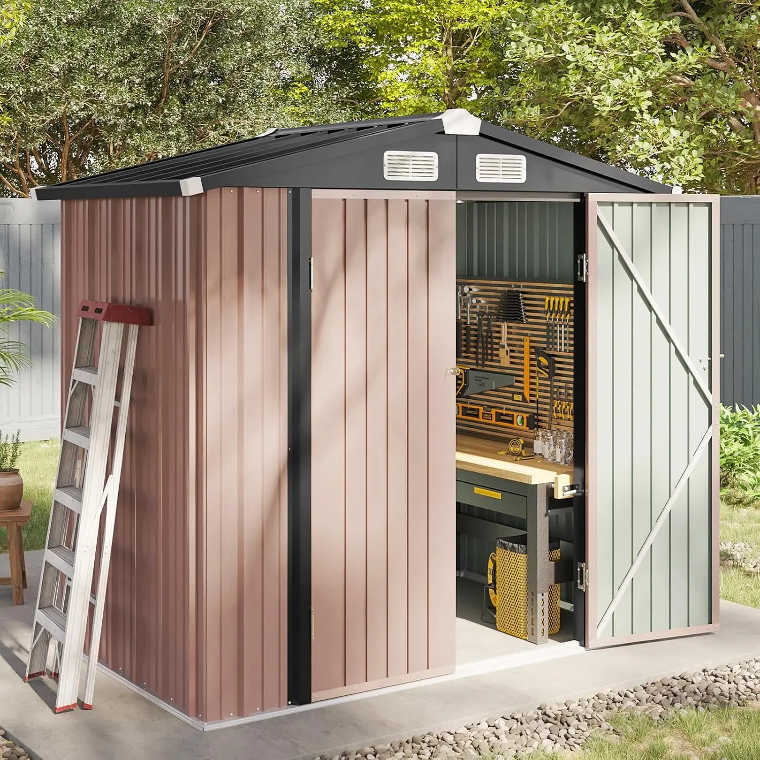 Aoxun Durable Metal Garden Shed, Heavy-Duty Steel Outdoor Storage Shed with Lockable Doors, Slooping Roof, Brown Weatherproof Construction for Backyard, Patio, Durable Garden Shed