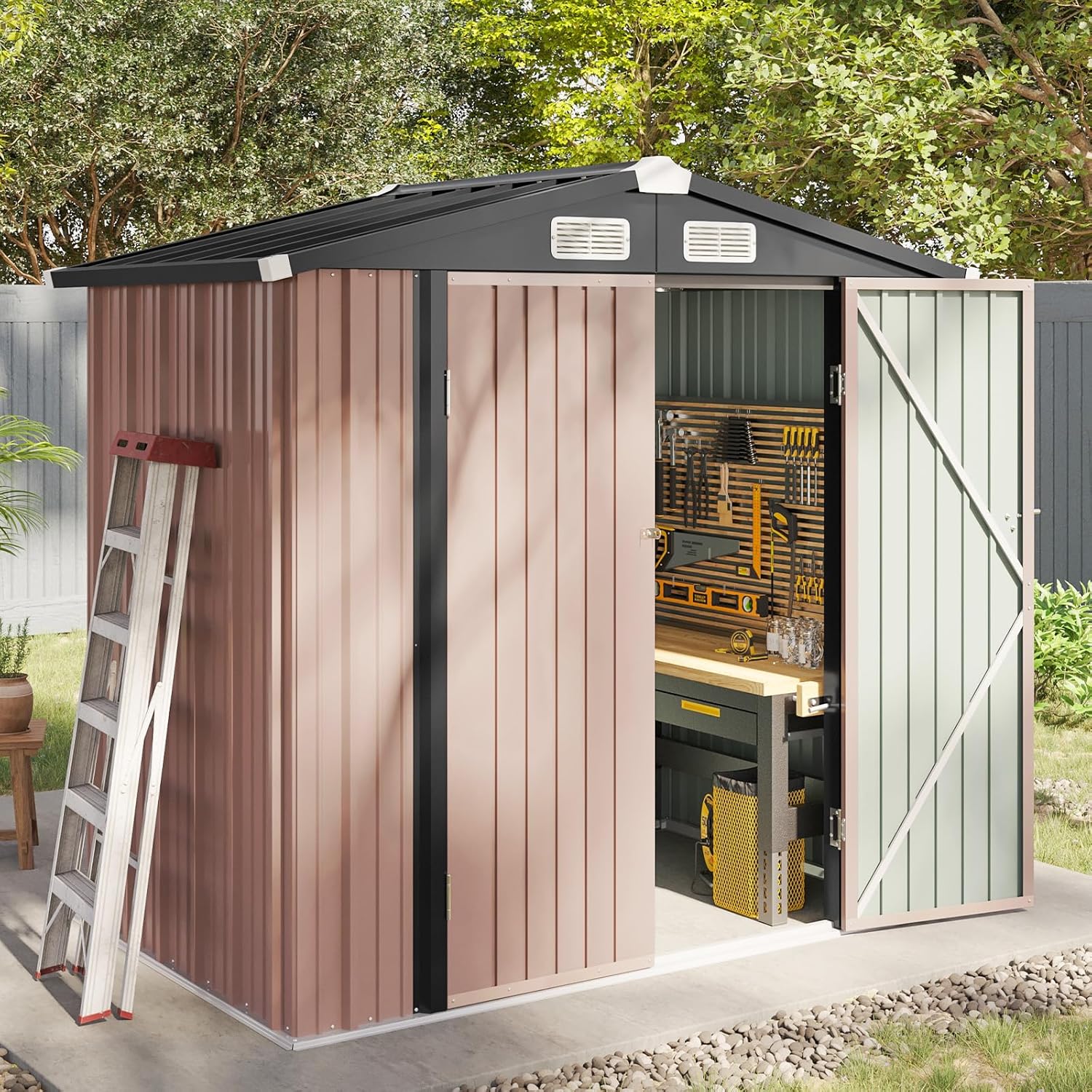 Aoxun Metal Garden Shed with Lockable Doors & Slooping Roof for Backyard Patio Poolside Storage Brown Weather-Resistant Sturdy Construction Aoxun Metal Garden Shed with Lockable Doors & Slooping Roof for Backyard Patio Poolside Storage Brown Weather-Resistant Sturdy Construction
