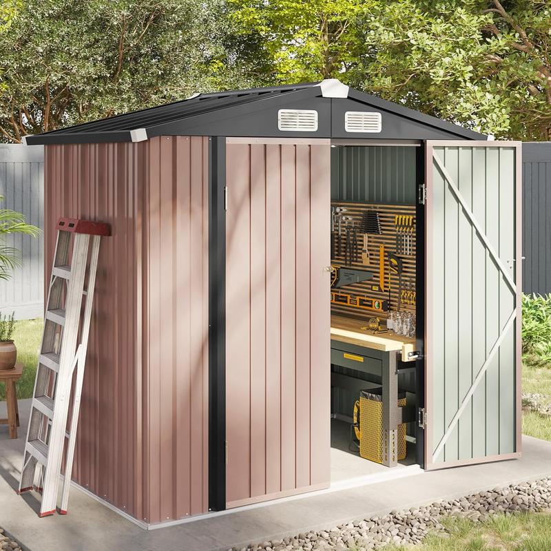 Aoxun  Metal Garden Shed with Lockable Doors & Slooping Roof for Backyard Patio Poolside Storage Brown Weather-Resistant Sturdy Construction