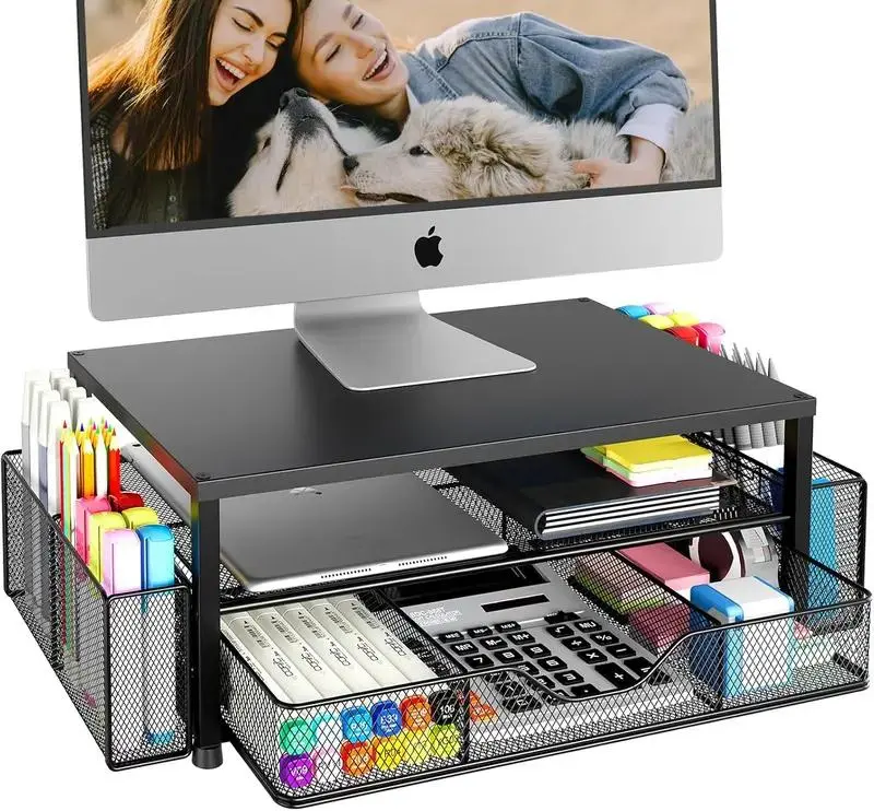 Monitor Stand with Drawer, 2-Tier Laptop Stand, Black | Desk Organizers and Accessories with Drawer and 2 Pen Holders, Sturdy Metal Stand Riser for Home Office, 19"W x 10"D x 5.9"H