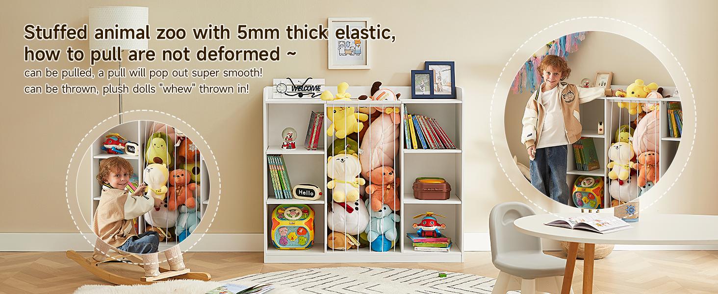 ONBRILL Toddler Stuffed Animal Zoo, Toy Storage Organizer for Playroom, Plush Toy Organizers and Storage, Book Shelf for Kids Rooms, Elastic Band Child Bookcase, Toy Shelf with 8 Storage Cubbies
