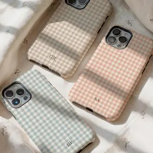 Boho Gingham Personalized Monogram TPU Phone Case with Initials & Camera Lens Protector, Compatible with iPhone 17, 16, 15, 14, 13, 12, 11, SE and Samsung S25, S24, S23