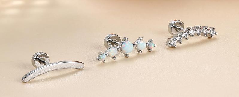 MILACOLATO 3PCS 16G 925 Sterling Silver Post Cartilage Earrings for Women 18K White Gold Hypoallergenic Flat Back Earrings Opal CZ Stud Earrings Cartilage Conch Helix Piercing Jewelry
