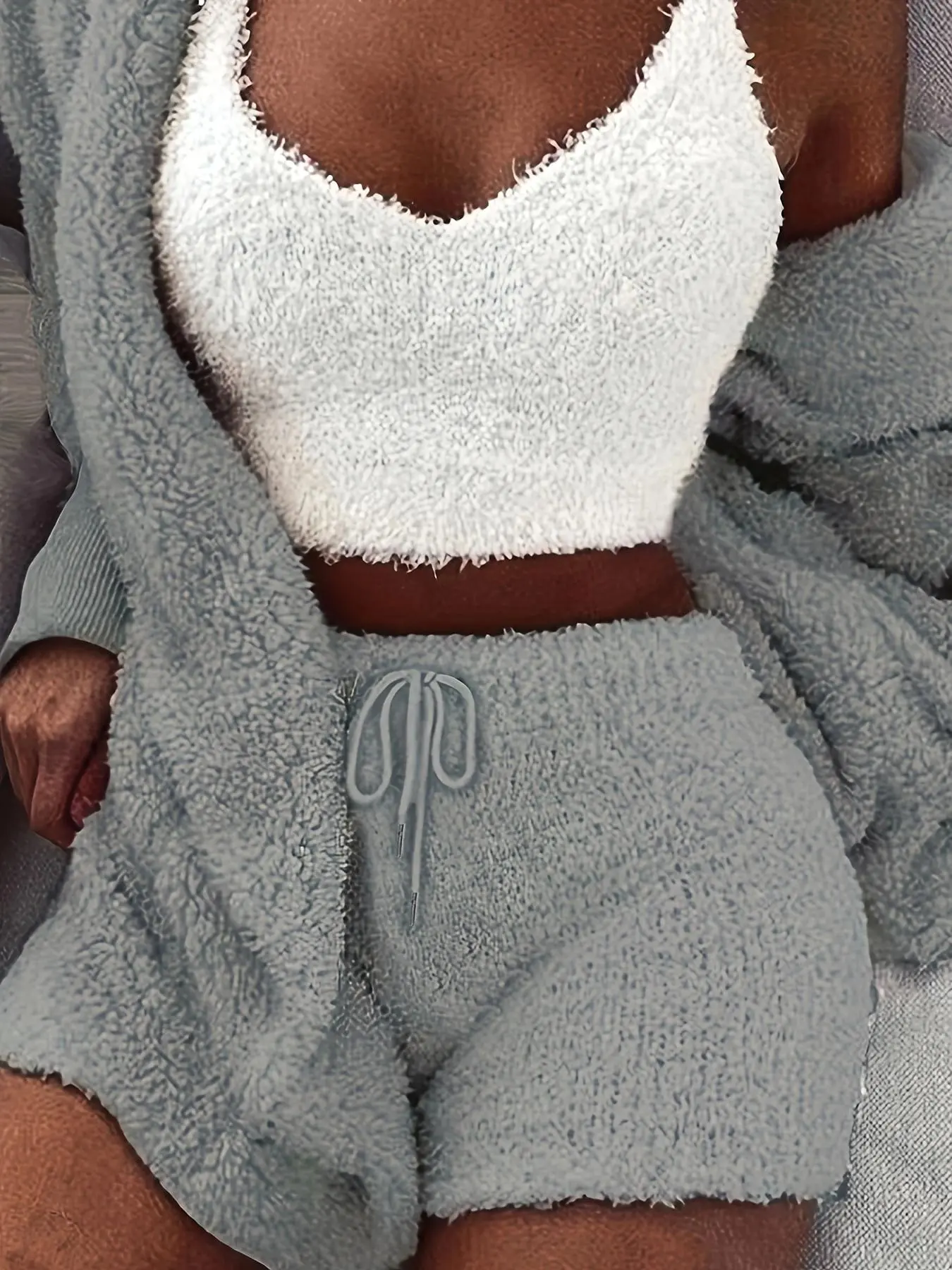 Women's Solid Color Plush Three-piece Pyjama Set, Fluffy, Soft Pajamas, Comfy V Neck Cami Top & Hooded Coat & Tie Front Shorts Casual Loungewear Set, Homewear, Women's Sleepwear for Winter, Cropped