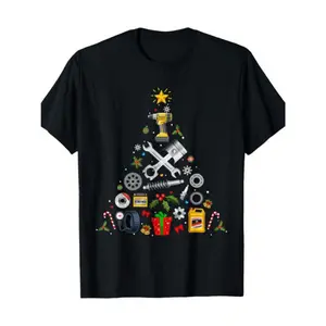 Men's Funny Mechanic-Themed Christmas T-Shirt - Automotive & Car Parts Holiday Tree Design with Wrench, Spark Plug, Oil Can & Tire Tread - Casual Short Sleeve Round Neck Tee for Auto Enthusiasts & DIY Gifts, Christmas Shirt, Christmas Shirts, Funny Christ
