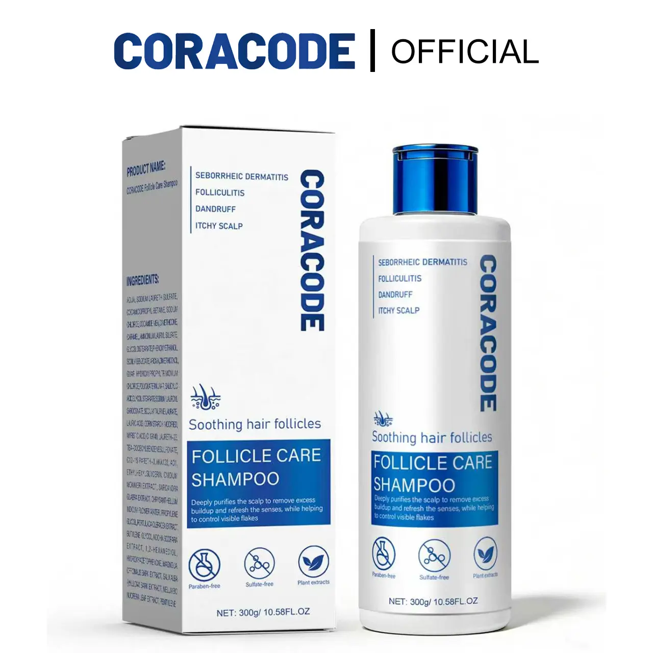 CORACODE Botanic Folliculitis Shampoo & Follicle Care Shampoo – Tea Tree Oil Herbal Clarifying Shampoo with Willow Bark, Purslane & Cnidium Monnieri for Itchy, Oily, Flaky & Sensitive Scalp, Scalp Buildup & Dry Dandruff Care, 10.58 Fl Oz