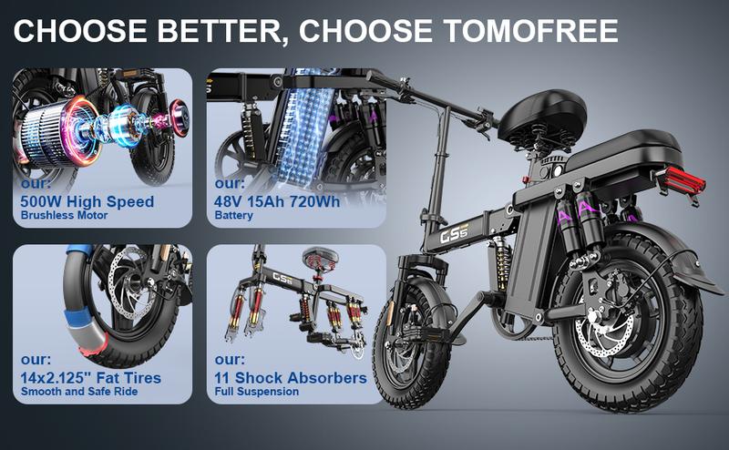 【VoltX】740W Lightweight Double Motor Electric Bike for Adults,20MPH,48V15A Removable Battery,40-45Miles Range,11 shock absorption,Dual-seat design Foldable Double-Suspension  14" Fat Tires 300 Lbs Load for Commuting & All-Terrain Riding，Free accessories