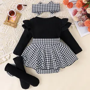 Global Bab 3PCS  Baby Girls Spring Outfit Short Sleeve Ribbed Romper with Bow Baby Girls Aged Old Have Comfortable Sweet And Cute Black Top + Skirt + Hair Ban