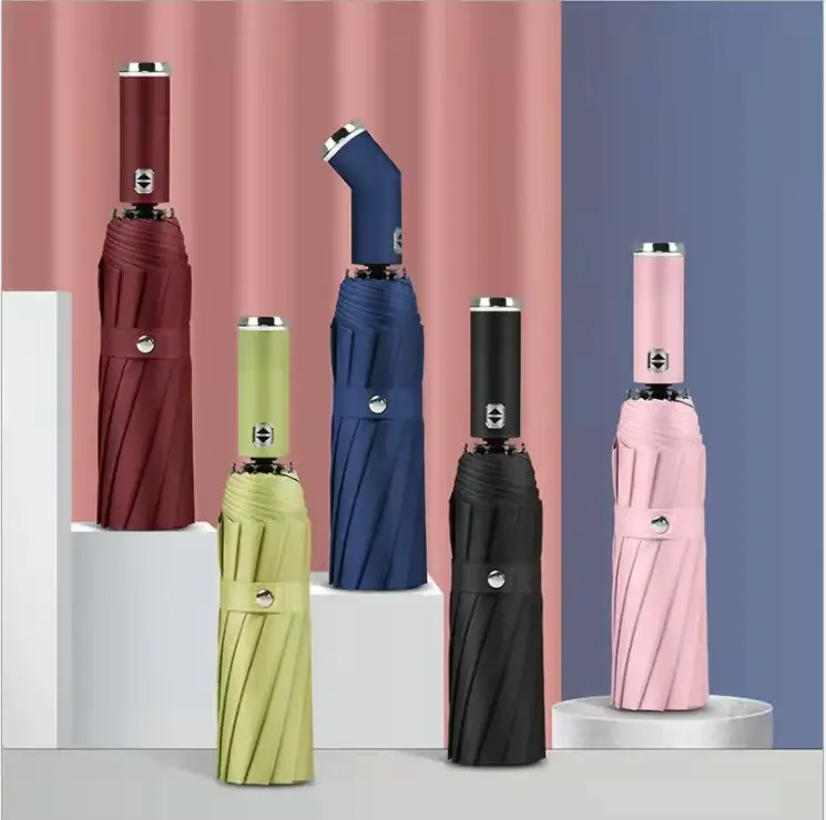 Minimalist Smart Automatic Umbrella with 180° Rotating LED Light, Stainless Steel-Aluminium Frame, Strap, Heavy Duty Windproof, Waterproof, UV Protection, Synthetic Material for Travel Use (Hand Wash Compatible)