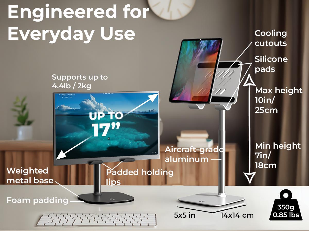 Cooper TabHolder, 7-10" Height Adjustable Tablet Stand, Premium iPad Stand for Desk, 270° Tilt Portable Monitor Holder for 15.6-17" Displays, for All Smartphone, iPad, Kindle, Surface, Samsung Tablets Adjustable,Multi-Device,Stand
