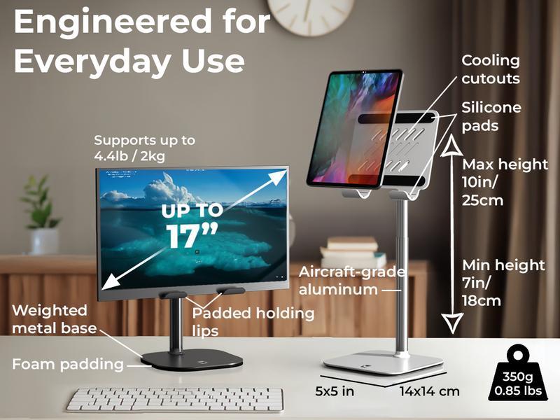 Cooper TabHolder, 7-10" Height Adjustable Tablet Stand, Premium iPad Stand for Desk, 270° Tilt Portable Monitor Holder for 15.6-17" Displays, for All iPad, Kindle, Surface, Samsung Tablets