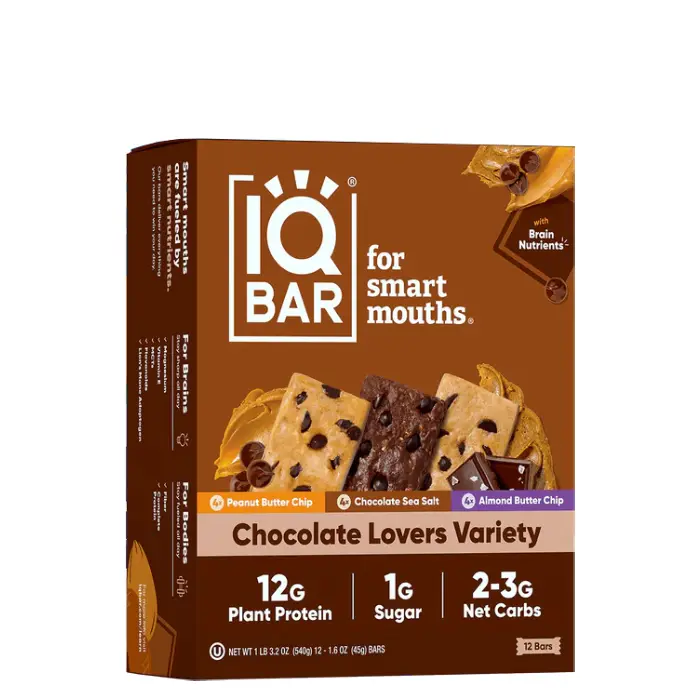 IQBAR Chocolate Lovers Variety Snack Bars (12 Count) - Best-Selling Flavors: Peanut Butter Chip, Almond Butter Chip, Chocolate Sea Salt - 12G Plant Protein, No Added Sugar, High Fiber, Clean Ingredients - Easy Healthy Protein Snack Option