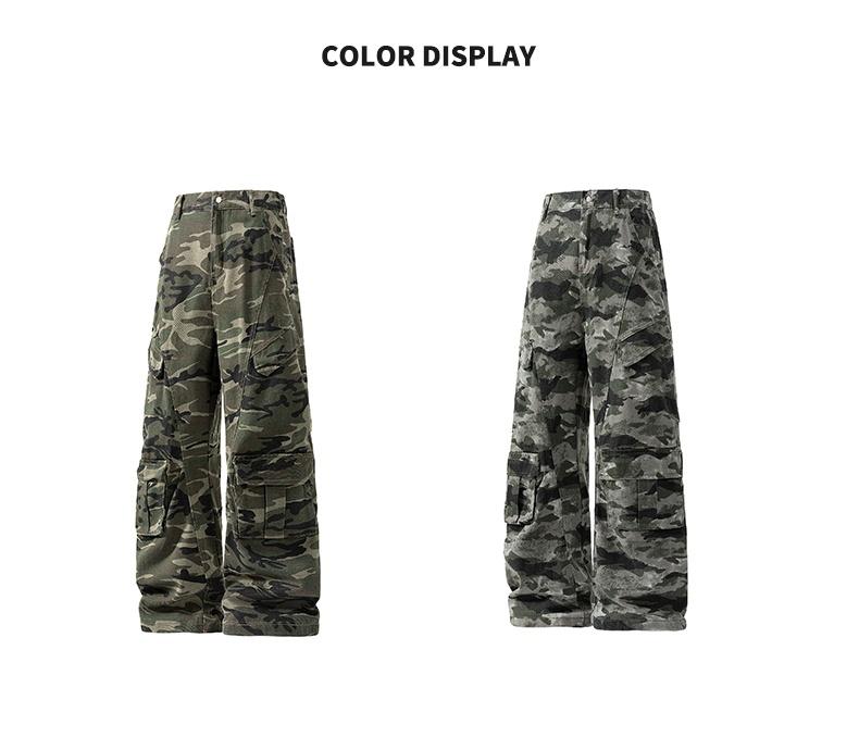 Men’s retro camouflage cargo pants, micro-flare camouflage denim jeans, new casual cargo-style pants, unisex high-street fashion loose straight-leg drop-crotch wide-pocket casual trousers, comfortable breathable fabric, suitable for everyday wear and outd