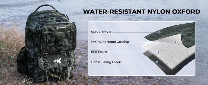 KastKing BaitSpace 50L Fishing Tackle Backpack with Removable Bait Binder & 4 Tackle Boxes Rod Holders Storage Gear Camo Design