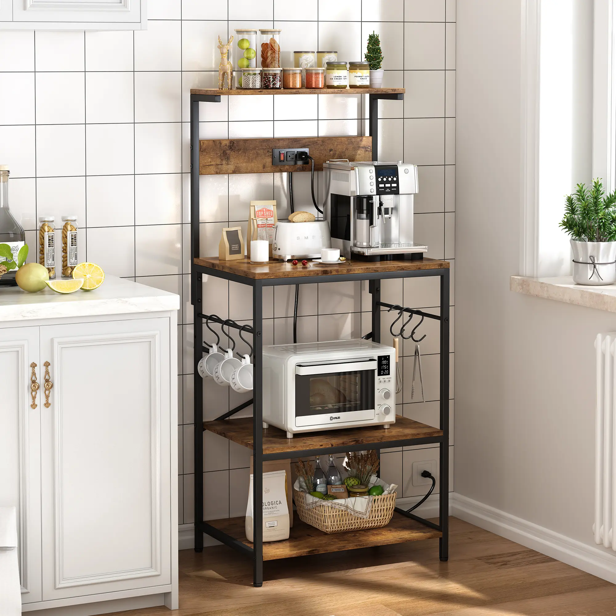 SUPERJARE 4-Tier Multi-Size Kitchen Bakers Rack with Power Outlet, Coffee Bar Station, Microwave Stand, 6 S-Shaped Hook Slots & Pot/Pan Organizer for Rustic Farmhouse Kitchen Counter Organization