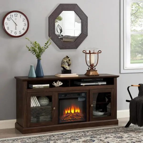 Bellemave Modern MDF Wood TV Stand - Glam Look Single Unit Compact Design Entertainment Console, 18" Fireplace Insert, Open Shelf & Closed Storage, Durable, Fits Max 65" TVs, 60"W×15.75"D×29"H, Over 25kg, Assembly Required, for Multimedia Centres