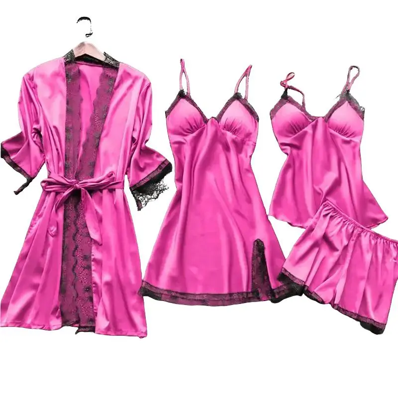 Women's 2-Piece Lace Trim Silk Sleepwear Set - Robe & Nightgown with Little-Girl Cut, Lace Details, Comfortable Loungewear in Green, Black, White for Daily Sleep Womenswear Elegance