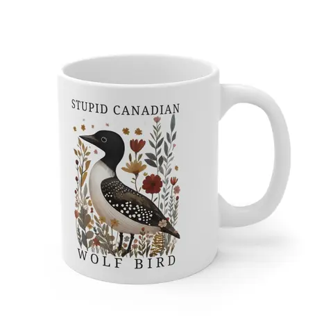 Stupid Canadian Wolf Bird Coffee Mug, Funny Loon Bird Retro Enamel Cup, Heated Rivalry Inspired Gift, 11oz Ceramic Mug