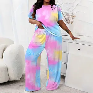 2026 Women's Plus Size Tie Dye Print Short Sleeve Pajamas Set Comfortable Sleepwear Loungewear Two Piece Outfit for Summer Nightwear Soft Relaxation Wear