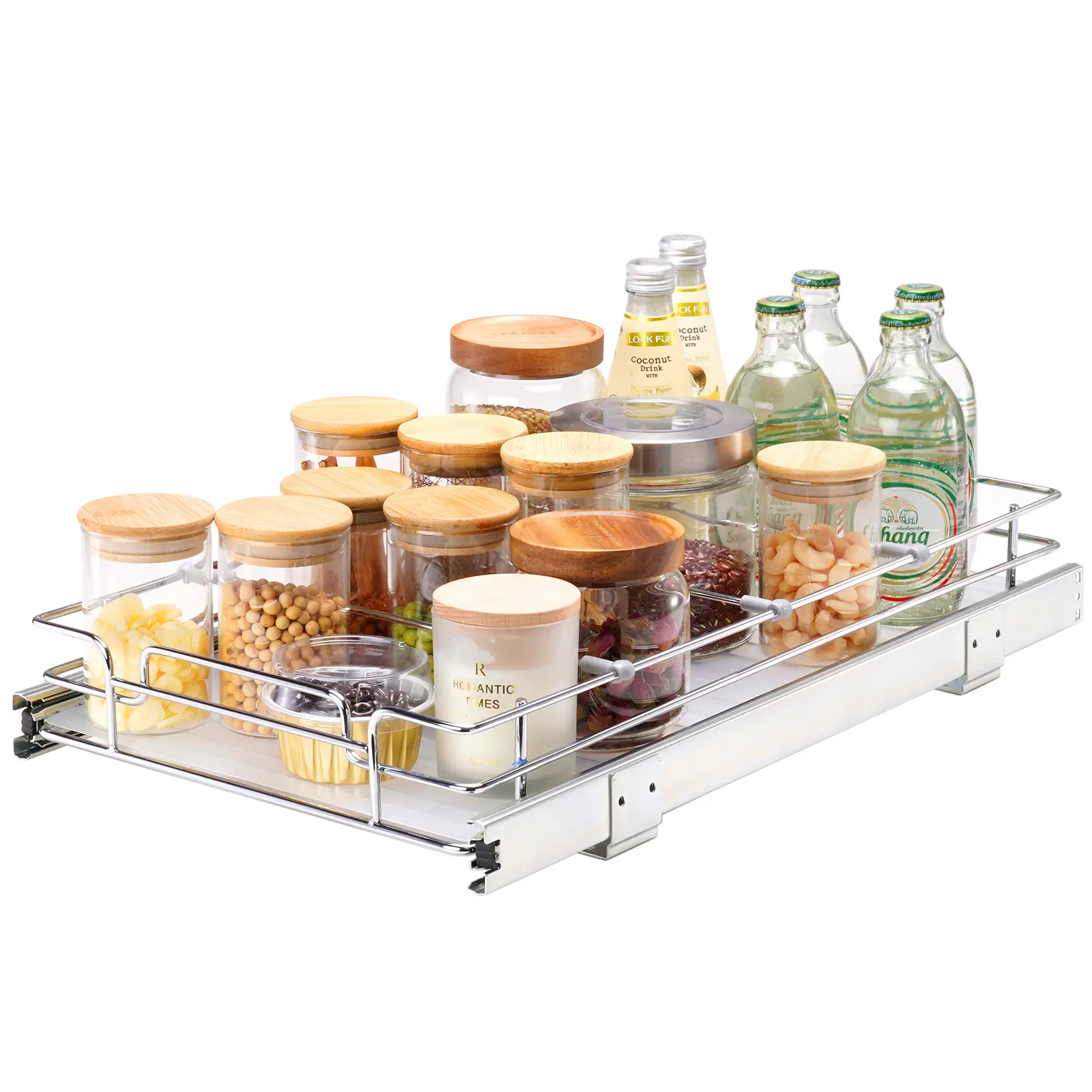 VEVOR 11"x21" Smooth Slide-Out Cabinet Organizer, Chrome-Plated Steel Heavy-Duty Roll-Out Basket Shelf with Detachable Tray, Corrosion-Resistant Quiet-Sliding Multifunctional Racks for Kitchen Cabinet & Under Sink (Father's Day Gift)