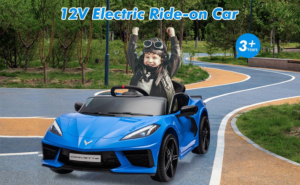 【GARVEE】Ride On Sports Car 12V Battery Powered Electric Car for Toddlers with Licensed Corvette Design, Remote Control, Visual Dashboard, Music, LED Lights, and Gift-Ready Dark Blue Model
