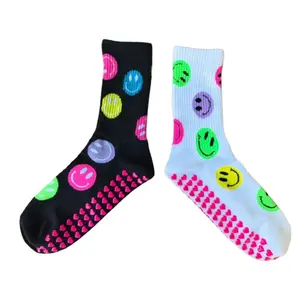 White and Black Neon Smiley - Pilates Grip Socks - Hot Pink Grip - Disco Toez