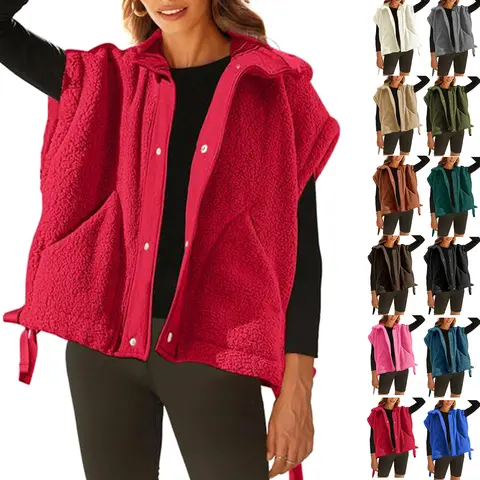 Buenoble Women's Oversized Fleece Vest Cozy Sherpa Sleeveless Jacket with High Neck Side Ties Snap Buttons Fall Winter Casual Outerwear