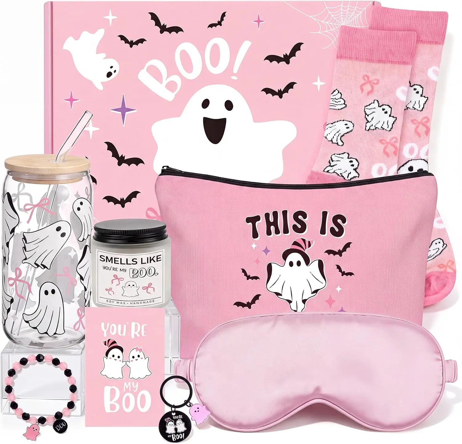 9 Pcs Boo Basket for Women Halloween Gifts for Women Teens Girls Spooky Gift Basket with 16 Oz Glass Cup with Lid and Straw Scented Candle Cozy Socks Ghost Keychain Bracelet Halloween Gift Box Pink