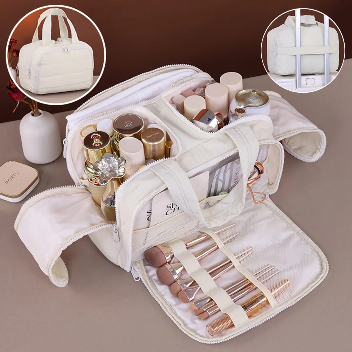 Toiletry Bag with Strap for putting on suitcase,Large Capacity Multi-Partitions Makeup Bag,Lightweight Travel Bag for Women, , Waterproof Large Wide-open Puffy Organizer For Accessories,Essentials, Toiletries, Cosmetic