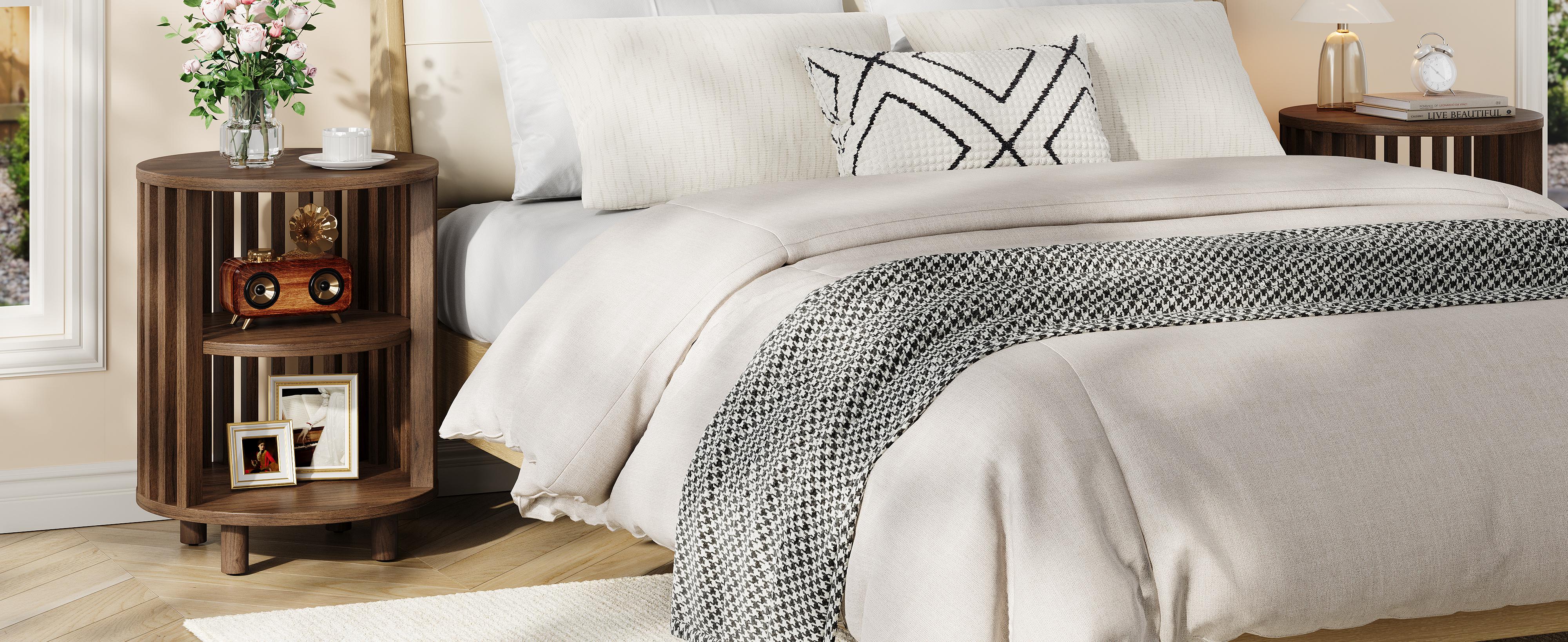 【SPRING GLOW UP】ONBRILL Round End Table, Wood Bedside Table, Mid Century Modern Nightstand with Open Storage Shelf, 3 Tier Small Side Tables for Living Room, Bedroom, Curved Profile Design, Natural Oak(2-Pack)