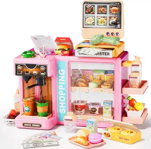 Kids Grocery Store Playset, Fun Play Store with Realistic Cash Register Toy, Scanner, Play Food, Coffee Maker, Play Money & Credit Card, Preschool Toys for Boys Girls Birthday Gifts 3+