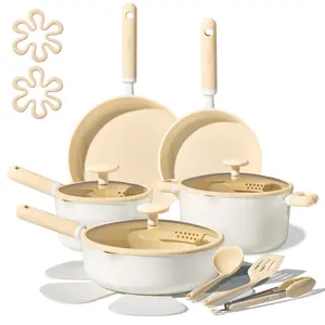 [Official] CAROTE 17pcs Lemon Yellow Ceramic Cookware Set, Non Toxic Pure White/Pink Pots and Pans Set Nonstick, All Stovetops Compatible